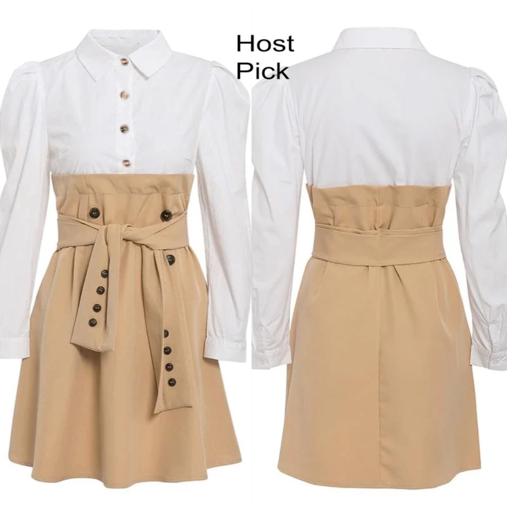 Faux Overlay Trench Skirt With Dress Shirt Dress White Khaki - Picture 5 of 15